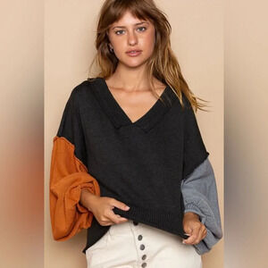 POL Contrasting Balloon Sleeve V Neck Sweater PRISTINE Blk Multi M 100% Cotton